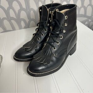 Black Lace Up Combat Boots with Chunky Heel and Padded Collar